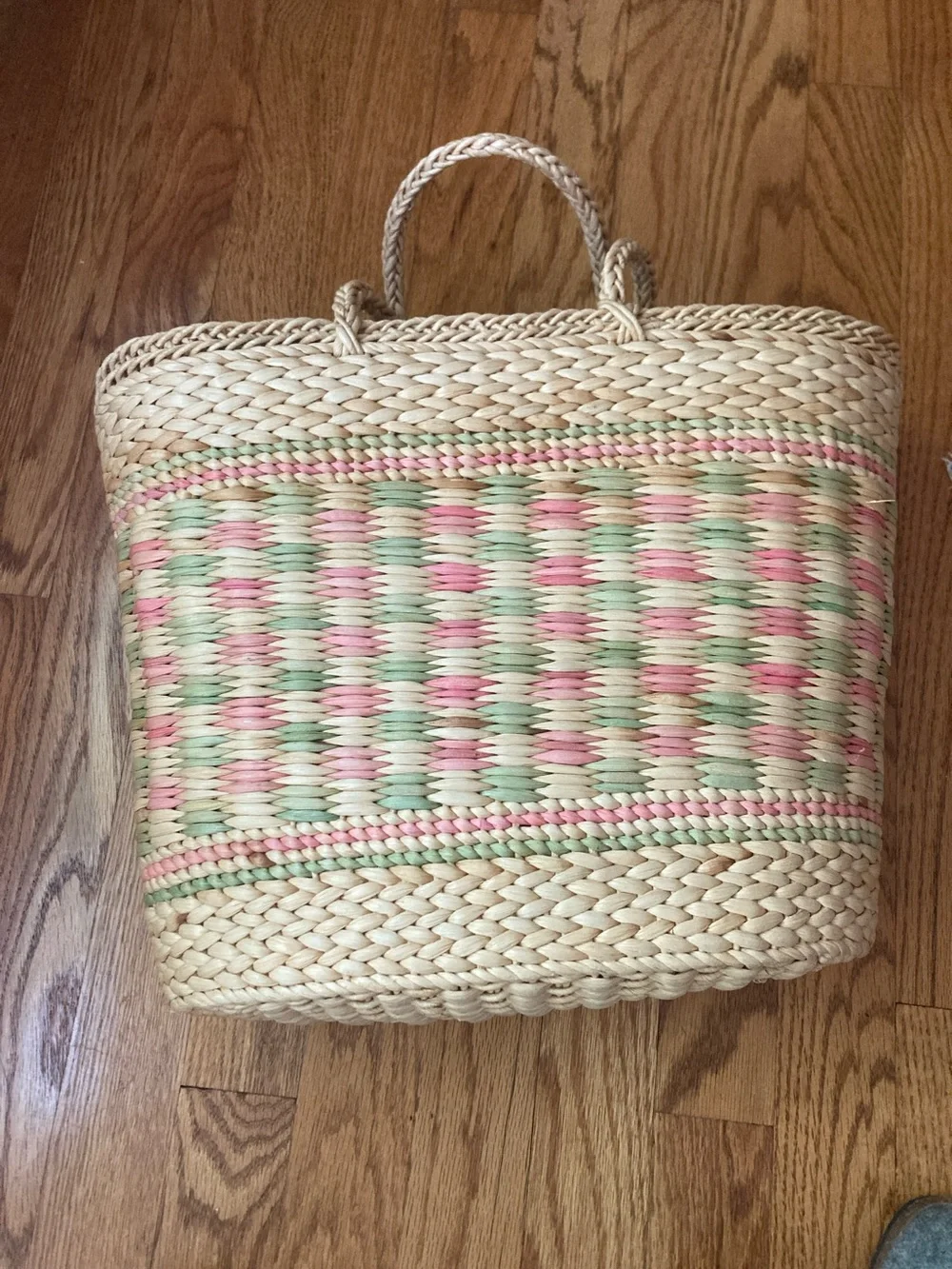 Woven Straw Tote Bag in Natural with Pink & Green Accents
